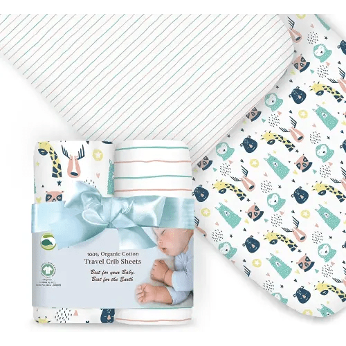 100% Organic Cotton Fitted Travel Crib/Playard Sheets for Guava Lotus, BabyBjorn, Dream on Me, Baby Joy, Chicco, Pamo Babe and All Other 24" x 42" Pads/mattresses. 4 Safety Strap Holes. 2 Pk Boy, Girl
