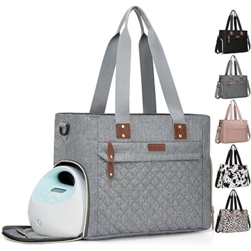 Pritent Diaper Bag Tote for Working Mom, Large Travel Diaper Tote for Mom and Dad with 14 Inch Laptop Sleeve, Mommy Maternity Travel Baby Bag for Boys and Girls, Grey