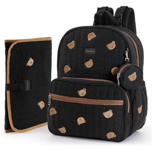 Large Diaper Bag Backpack with Changing Pad, Insulated Bottle Pockets, Travel & Hospital Bag for Mom & Dad (Large - Black Bears)
