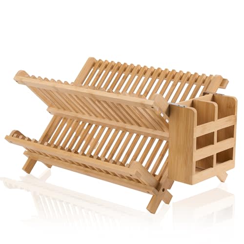 NOVAYEAH Bamboo Dish Drying Rack-2 Tier, Collapsible Small Dish Rack with Utensil Holder, Wooden Drying Rack for Kitchen Counter, Apartment Essentials Kitchen Plate Holder, Kitchen Organization