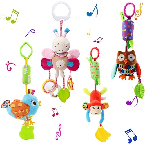 Sealive 4 Piece Baby Stroller Sensory Musical Toys, Soft Rattles Hanging Plush Activity Crib Car Seat Toys for Babies Boy Girl