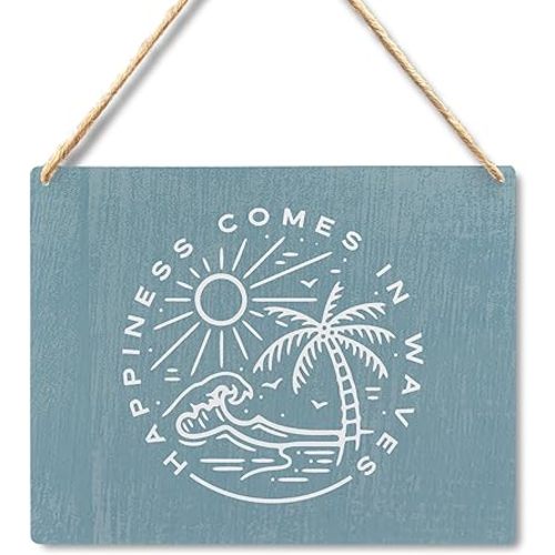 Happiness Comes in Waves Hanging Wood Sign - Coastal Beachy Room Decor Aesthetic, Summer Room Decor, Beach Signs Wall Decor, Beach Themed Room Decor, Surf Room Decor, 8x10