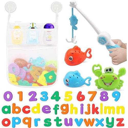 Bath Toys Set for Toddlers 1-3, Bath Toy Storage Bag Hooks,Baby Bathtub Toys with 36 Letters and Numbers,Shower Toys Bath Time with 3 Fishing Toys and Water Gun Floating for Baby Pool Toys