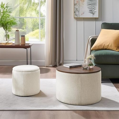Ottoman with Storage Round Footstool Stool Small Ottoman with Storage Foldable Ottomans Foot Rest Footstool Bench Wooden Lid for Living Room(Beige, 23.62")