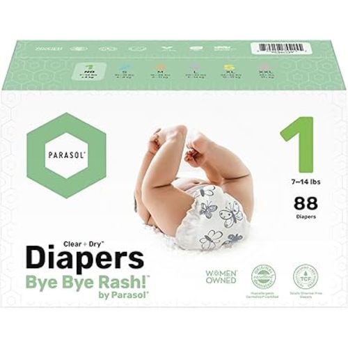 PARASOL Clear+Dry Disposable Diapers | RashShield Protection, Leakproof Design, Hypoallergenic | Size 1, (7-14 lbs) Box of 88 Count