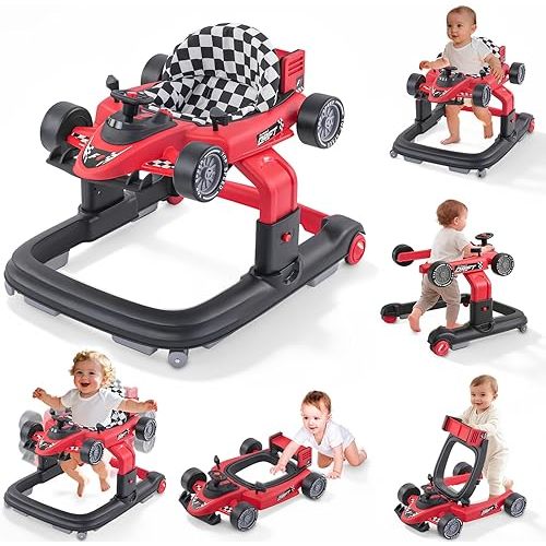 Baby Walker, Baby Walker with Wheels, 3 Adjustable Heights Reinforced Frame 4 Modes Push Walker & Jumper, Music Lights Anti-Rollover Speed Height Adjustment Toddler Activity Walker for 6-18 Months Old