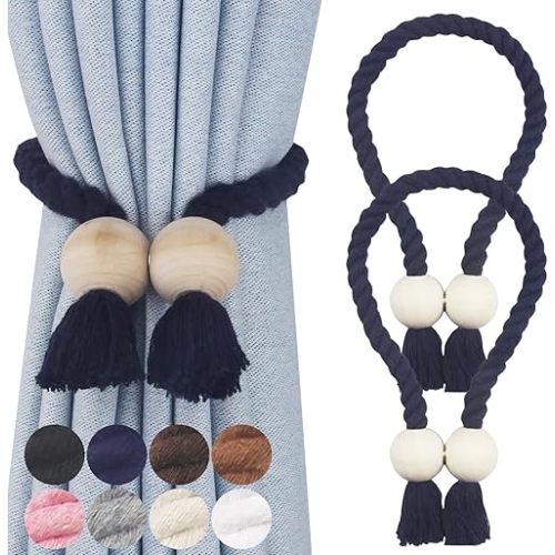 2 Pack Magnetic Curtain Tiebacks Cotton Hand Woven Tie Back Decorative Rope Holdbacks for Curtains Draperies No Tools Required, Navy