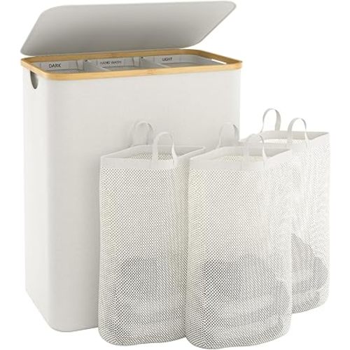 Laundry Basket with Lid, 145L Extra Large Laundry Hamper 3 Section Dirty Clothes Hampers for Laundry Divided Laundry Basket Organizer for Bedroom,Laundry Room,Dirty Clothing Hamper,Beige