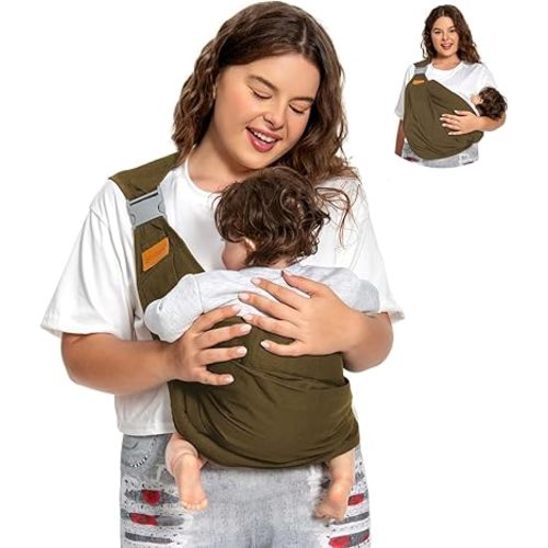 Baby Sling Carrier, Baby Carrier Newborn to Toddler(7-45lbs), Toddler Carrier with Safety Buckle, One Shoulder Adjustable Shoulder Strap, One Size Fits All, Brown