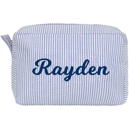 MT WORLD Cosmetic Bag Personalized Makeup Bag Seersucker Preppy Bridesmaid Makeup Bag Aesthetic Cute Women Toiletry Bag Girls Handbags Purses (Blue)