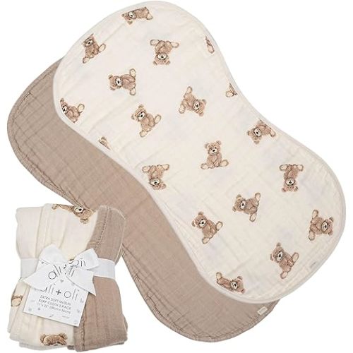 Ali+Oli 2-pk Muslin Burp Cloths for Baby Boys and Girls (Teddy-Taupe) Organic Baby Burp Cloth, Burp Rags for Newborn