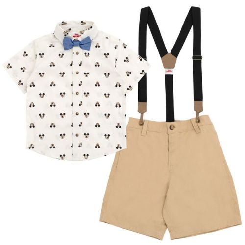 Disney Mickey Mouse Infant Baby Boys Button Down Shirt Twill Shorts Suspenders And Bow-tie 4 Piece Outfit Set 18 Months