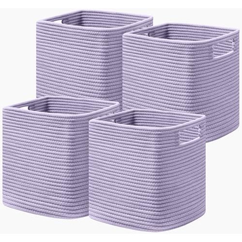 UBBCARE Storage Cubes 11 Inch, Cotton Rope Woven Baskets for Organizing, Cube Storage Bin for Baby Nursery, 4-Pack Square Toy Storage Baskets for Shleves Organizer, Closet, Kidsroom, Purple