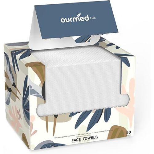 Ourmed Life Face Towels, Disposable Biodegradable Facial Towels for Sensitive Skin, Lint- free Face Wipes for Washing Face, Skincare and Makeup Remover, Dry Wipes, 10"×12" Extra Large, 50 Count