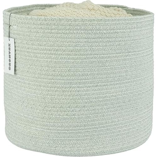 Cotton Rope Baskets For Girls Boys Kids 16”X14” Baby Laundry Basket Nursery Bin Round Woven Basket Organizer For Storage Toys Blankets Shoes Clothes light green