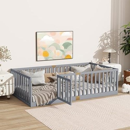 Tatub Twin Floor Bed with High Rails and Convertible Door, Solid Wood Cama Montessori Bed with Slats for Kids, Boys and Girls