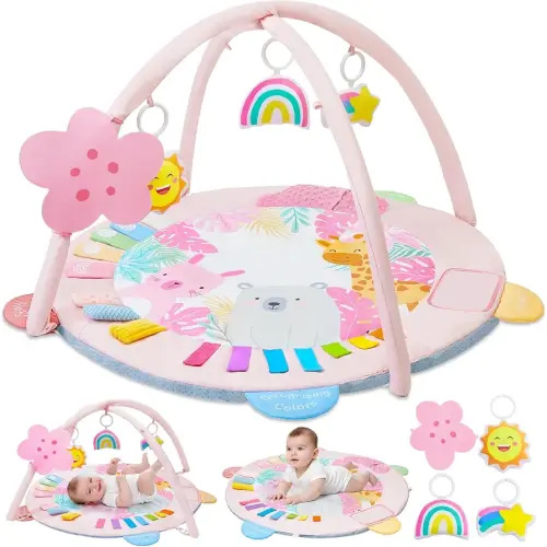 Baby Play Gym Mat Tummy Time Mat, Washable Baby Activity Play Mat for Sensory, Visual, Hearing, Touch Development, Baby Toys Shower Gift for Newborn