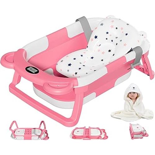 MoreFeel Collapsible Baby Bathtub for Newborn with Thermometer & 1 Hooded Towel & 1 Soft Floating Cushion,Portable Travel Bathtub with Drain Hole, Durable Foldable Baby Tubs for Infants to Toddler