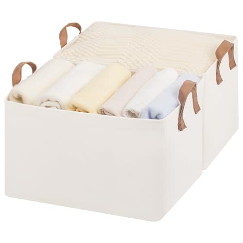 StorageWorks Storage Bins, Shelves Baskets for Organizing, Large Fabric Closet Organizers with Handles, Metal Frame, Natural Color, 2-Pack
