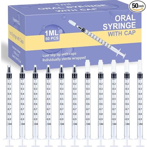 50 Pcs 1ml Syringes with Caps Oral Dispenser Individually Sterile Warpped for Medicine Dropper, Colostrum Collect Feeding Pets, Liquid