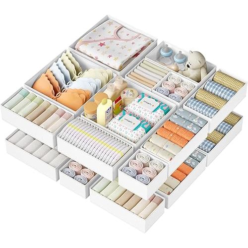 DIMJ Drawer Organizer Clothes 24 Pack - Foldable Baby Organizers and Storage & Dresser Organizer for Bedroom, Closet - Nursery Organization Dresser Dividers for underwear, Sock,Bra, Belt, Tie, White