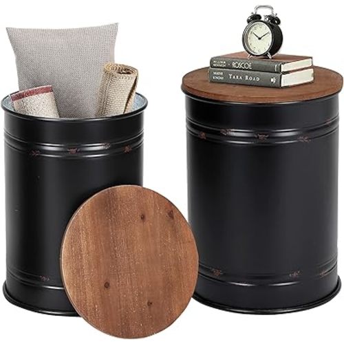 RUSTOWN Farmhouse Accent Side Table, Rustic Storage Ottoman Seat Stool, Galvanized Antique Metal End Table Box Bin with Round Wood Lid, Coffee or Cocktail Table, Nesting Pieces Two (Black)