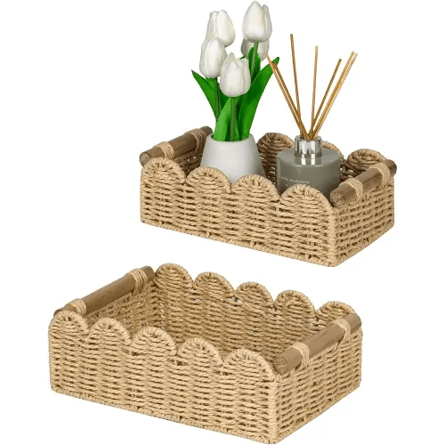CubesLand Scalloped Edge Decor Baskets for Home, Living Room, Toilet Paper Storage Basket for Over Toilet Shelf, End Table,Shelves and More, Small Paper Rope Baskets Both Storage&Decor, Set 2 Beige