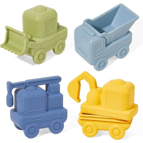 Mold Free Bath Toys 4 Pack Silicone Car Bath Toys - Truck & Construction Toys | Detachable, Squeezable & Floating Toddler Bath Toy | Bathtub Water Pool Toys for Toddler Gifts