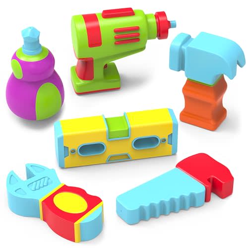 Tub Works® Tools™ Mold Free Bath Toys, 6 Pack | Sealed, No Hole Bath Toys Design Keeps Moisture Out | Soft, Squeezable & Float on Water | Easy-Grip Baby & Toddler Bathtub Toys | Great for Baby Pools