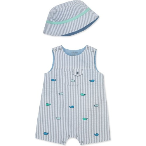 Baby Whales Cotton Seersucker Romper & Hat Set, Grey