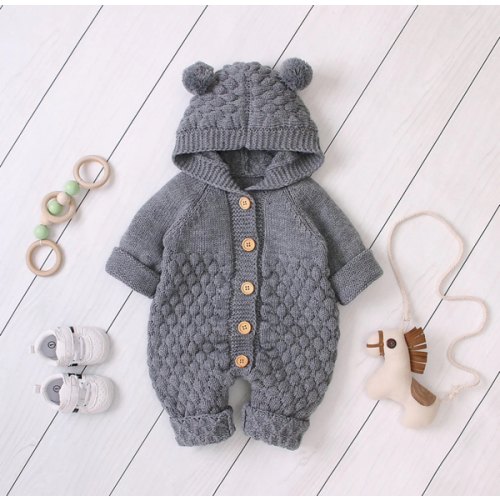 Baby 3D Bear Design Winter Hooded Jumpsuit
