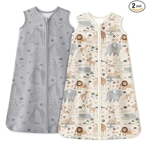 Baby Sleep Sack 6-12 Months 1.0 Tog Baby Wearable Blanket 100% Cotton Sleeping Sack with 2-Way Zipper for Infant Newborn Apricot & Gray Elephant