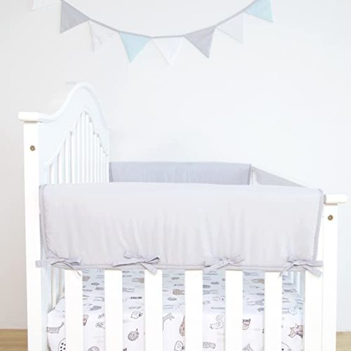 TILLYOU 2-Pack Padded Baby Crib Rail Cover Protector Safe Teething Guard Wrap for Thick Side Crib Rails(Measuring Up to 18" Around), 100% Silky Soft Microfiber Polyester, Reversible, Pale Gray/White