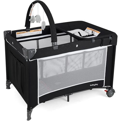 BABY JOY 3 in 1 Pack and Play, Travel Baby Crib Bassinet Bed with Bassinet, Changing Table with Safety Belt, Toy Bar, Lockable Wheels, Portable Baby Playard from Newborn to Toddler (Black)