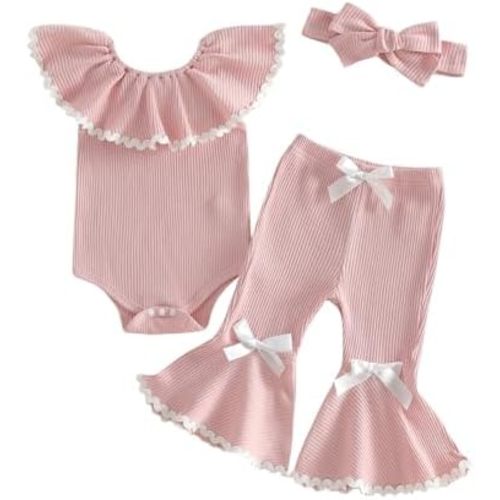 Infant Newborn Baby Girl Summer Outfit Ruffle Sleeveless Ribbed Knit Romper Top Bow Flare Pants 3Pcs Clothes Set