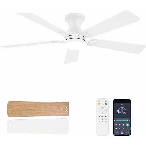 Ceiling Fans with Lights and Remote, 52 Inch White Ceiling Fan with Light, Low Profile Reversible Fandelier Ceiling Fan, Dimmable LED, Flush Mount, Quiet DC Motor, for Bedroom Kitchen