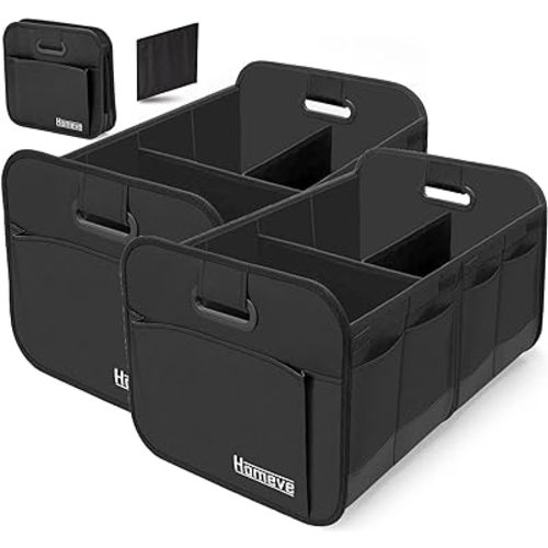 Homeve 2 Pack Trunk Organizer for Car, Reinforced Handles, Collapsible Multi-Compartment Car Organizers, Foldable and Waterproof, 600D Oxford Polyester, Suitable for Any Car, SUV, Mini-Van, Black
