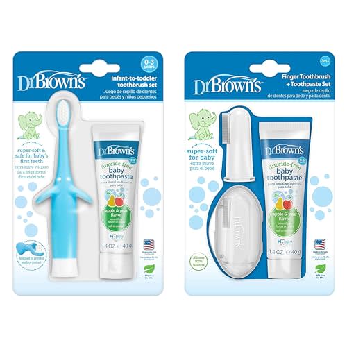 Dr. Brown's Infant-to-Toddler Training Toothbrush Set, Blue Elephant & 100% Silicone Baby Finger Toothbrush and Toothpaste Set, 2-Pack Toothbrush with Storage Case, Fluoride-Free