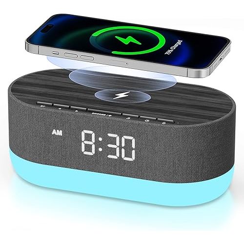 HOUSBAY Sound Machine with Alarm Clock for Bedrooms, Dual Speakers, 21 HiFi Sounds, 10W Wireless Charger, Unlimited Sound, Bluetooth, 10 Night Light, White Noise Machine for Sleeping, Black