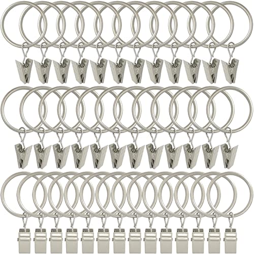 WeeksEight 40 Pack Matte Silver Curtain Rings with Clips, Curtain Hooks Hangers Clip Rings for Hanging Drapes Bows Hat, Drapery Rings 1.26 in I D, Fits up to 1 in Diameter Curtain Rod.