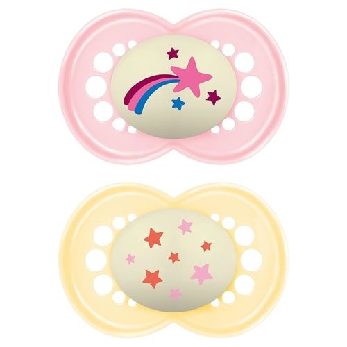 MAM Night Pacifiers (2 Count), MAM Pacifiers 6+ Months, Best Pacifier for Breastfed Babies, Glow in the Dark Pacifier, Baby Girl Pacifier (Design may vary), 6-16 (Pack of 2) - 2 Count (Pack of 1)