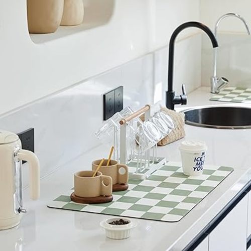 Checkered Dish Drying Mat for Kitchen Counter, Coffee Bar, Coffee Station Accessories, Retro Cute Aesthetic Absorbent Coffee Mat Kitchen Drying Mat Easy Clean, Sage Checkered 16" x 24"
