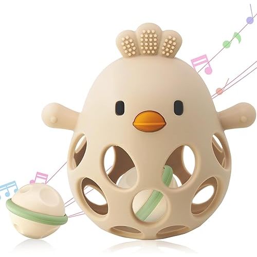 2-in-1 Baby Teething Toy, Easy Grasp Oball Rattle & Teether Toy for Babies 0-12 Months, 100% Food Grade Silicone, 3-6 6-12 Month Baby Teething Relief Toy, BPA Free