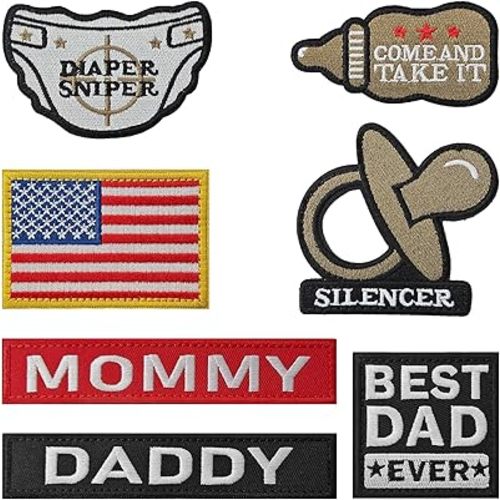 7PCS Daddy Patch Funny Dad Tactical Patch Pacifier, Diaper, Bottle and Flag Hook and Loop for Hat, Jacket, Backpack, Coat