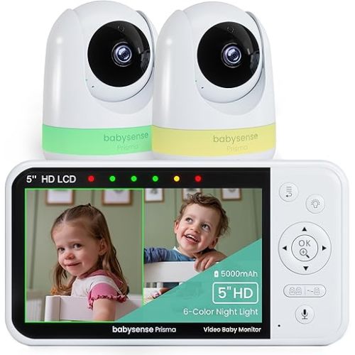 Babysense Prisma Baby Monitor with Camera and Audio, 5” HD Video Baby Monitor with 2 Cameras, 6-Color Night Light, Split Screen, Sound Machine with White Noise & Lullabies, Secure No WiFi