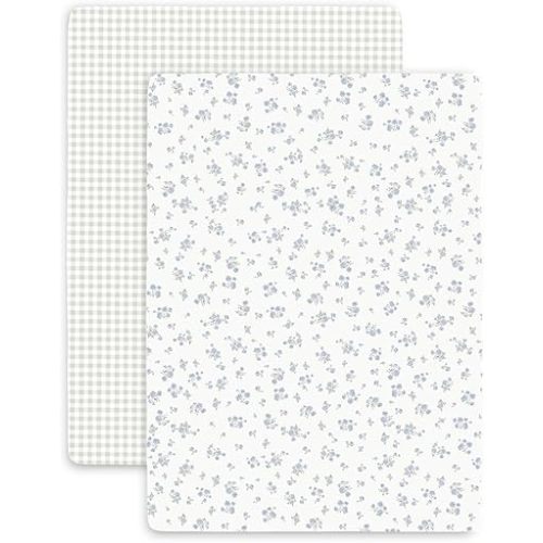 Makemake Organics Organic Portable Mini Crib Sheet GOTS Certified Organic Cotton Pack n Play Fitted Sheets Playard Set of 2 (26"X39", Mini Roses and Weaves)