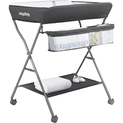 Baby Changing Table with Wheels, Maydolly Portable Adjustable Height Folding Diaper Station with Nursery Organizer & Storage Rack for Newborn Baby and Infant (Dark Grey)