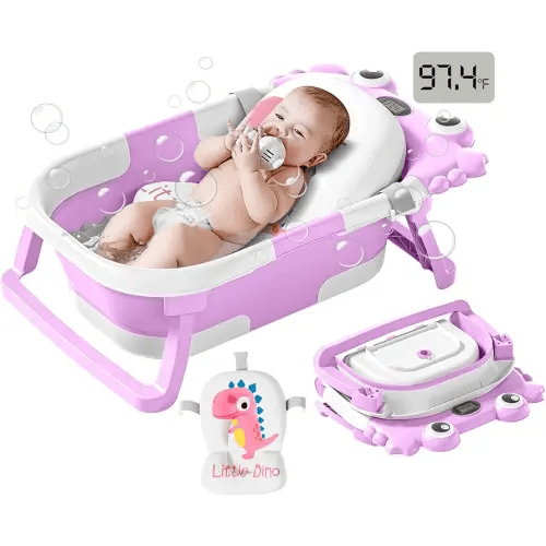 Collapsible Baby Bathtub for Infants to Toddler with Real-time Temp Monitor+Floating Cushion,Foldable Baby Bath Tub Set Applicable 0-36 Month,Portable Travel Bathtub for Newborns Girl (Purple)