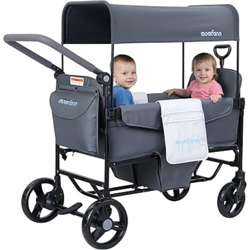 Wagon Stroller for 2 Kids, Foldable All-Terrain Baby Wagon with Adjustable Push & Pull Handle, Removable Canopy, 5-Point Safety Harness and Large Storage Basket, Light Grey