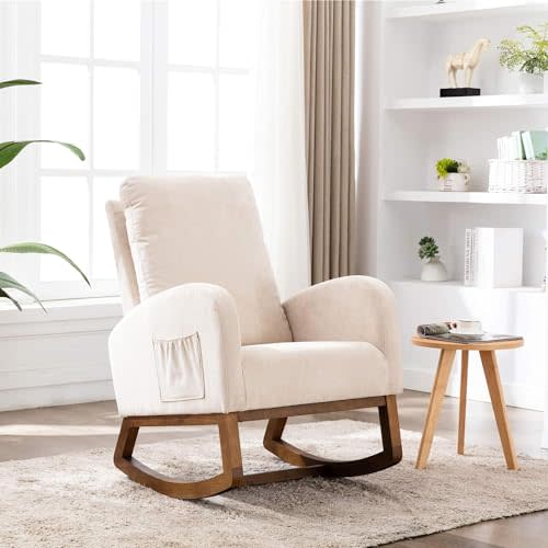 Dolonm Rocking Chair Mid-Century Modern Nursery Rocking Armchair Upholstered Tall Back Accent Glider Rocker for Living Room (Beige)